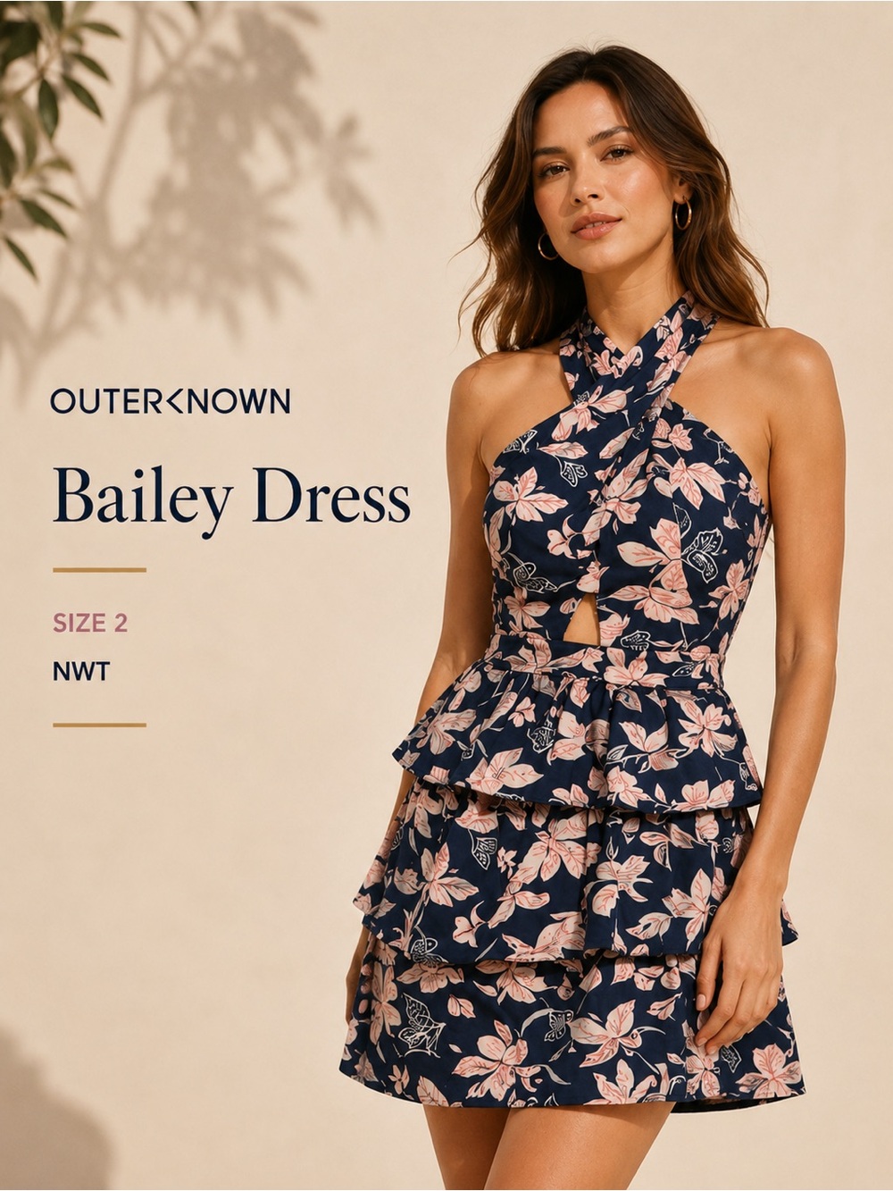 Outerknown Bailey Dress Size 2 Navy Floral Halter Ruffle Mini Dress NWT